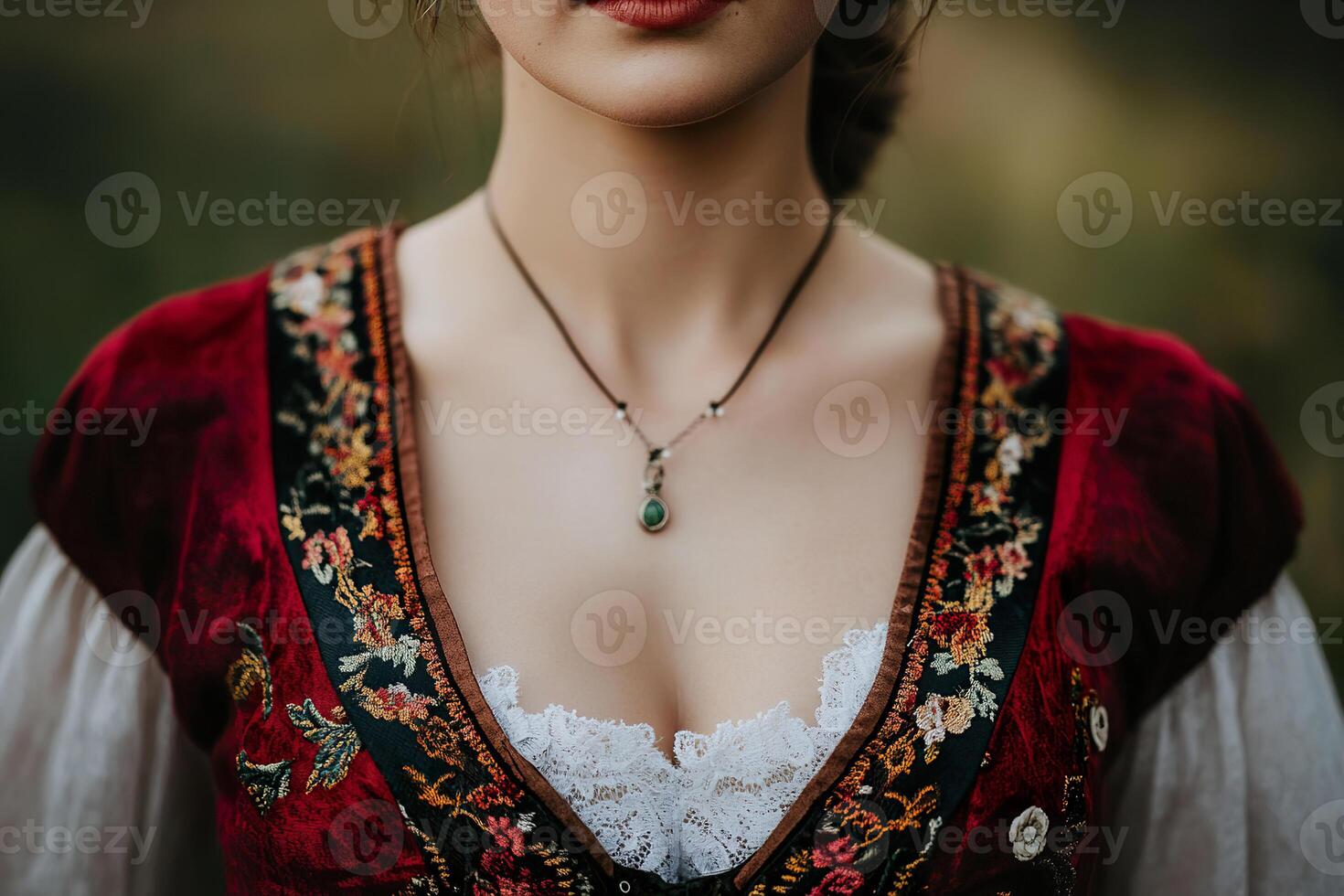 Waitress in traditional German costume serving guests at a festive event in a rustic venue. photo