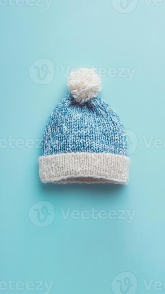 white and blue knitted hat on blue background with copy space for text or design photo
