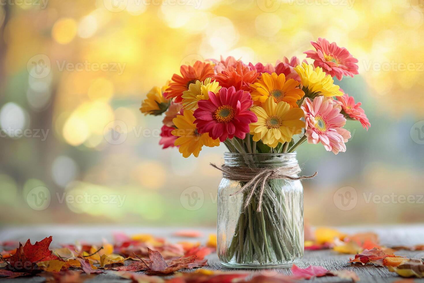 Charming autumn floral arrangement in a glass jar on a wooden table with fallen leaves photo