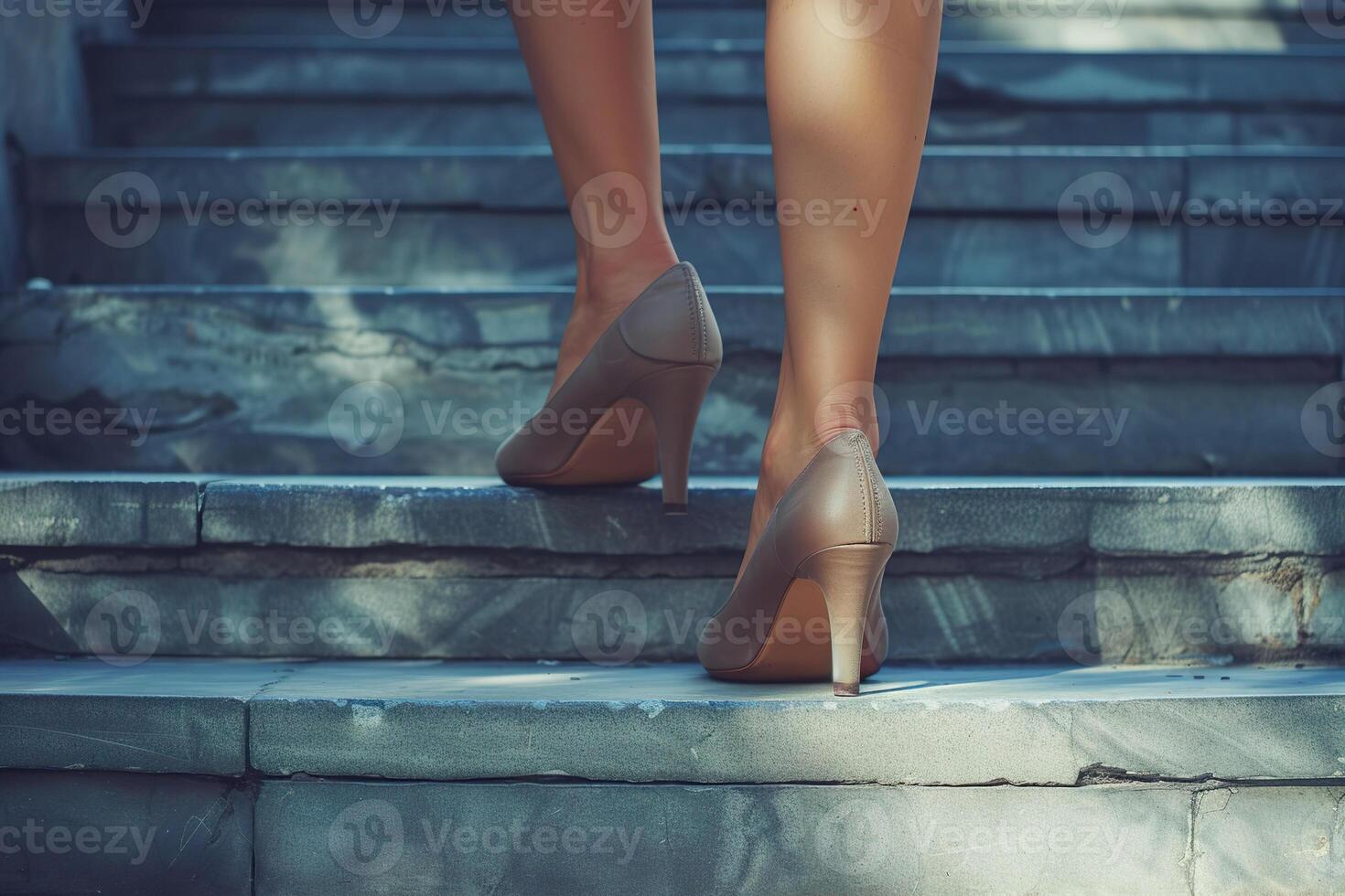Close-up view of female legs in heels ascending city stairs during the day. photo