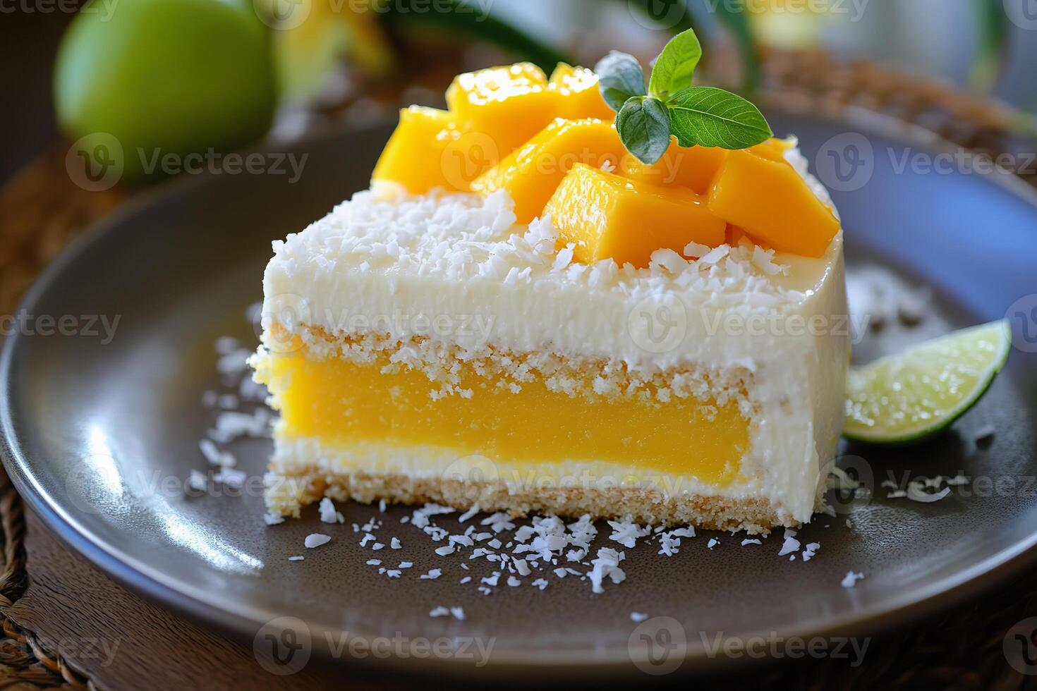 A delicious slice of coconut mango cake topped with fresh mango and coconut flakes photo