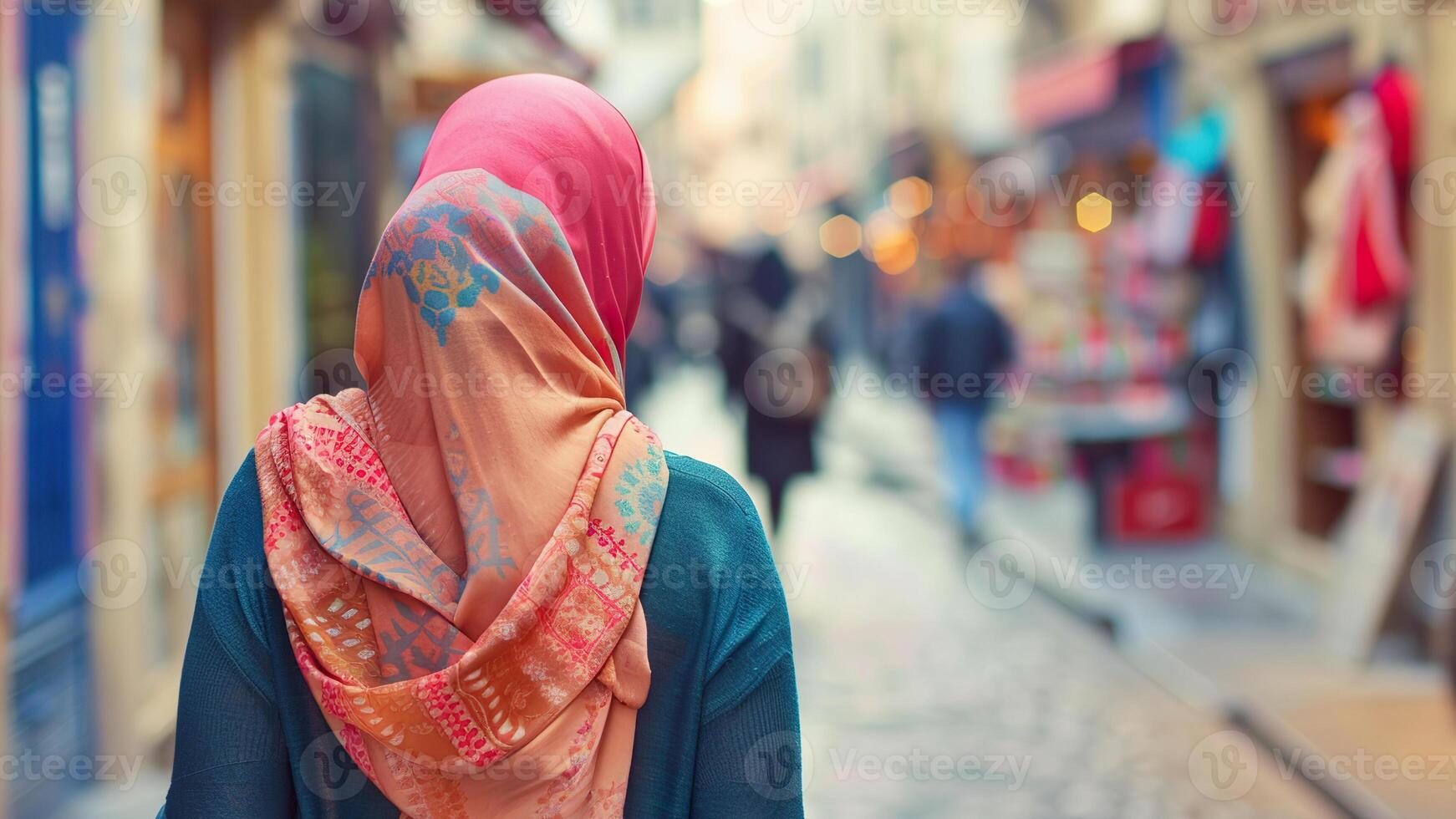 Muslim woman strolls through a vibrant European street, surrounded by local shops photo
