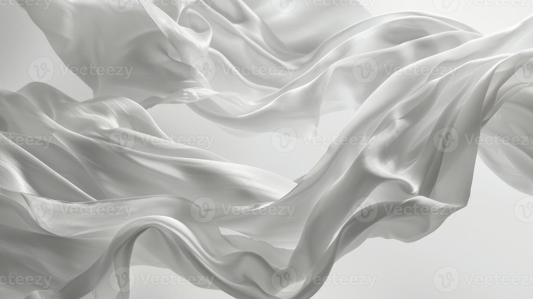 Multiple pieces of white silk satin cloth gracefully float and swirl, creating a serene and ethereal atmosphere in a softly lit environment photo