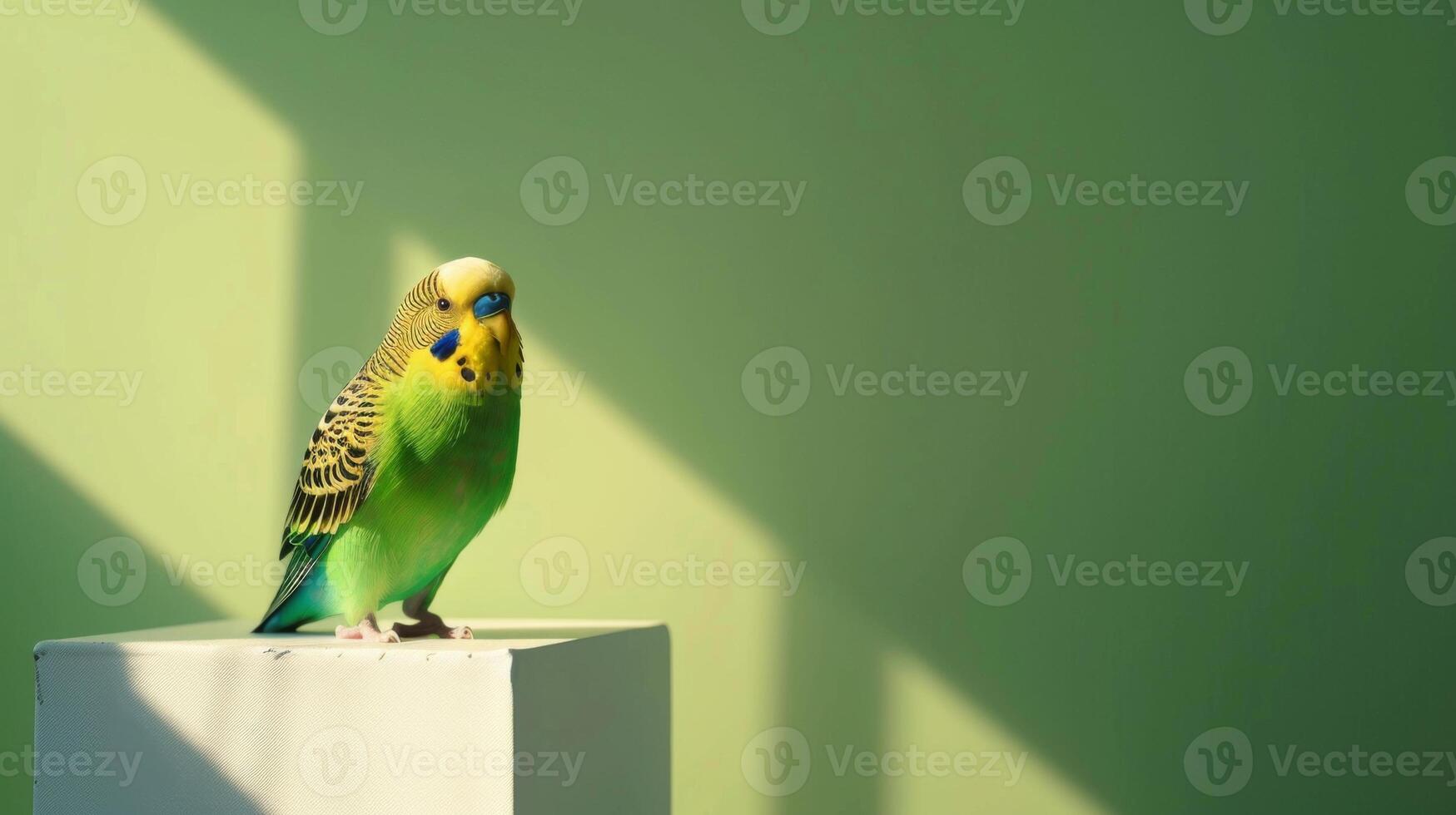 A bright green parakeet stands confidently on a contemporary perch, surrounded by soft natural light that highlights its colorful feathers photo