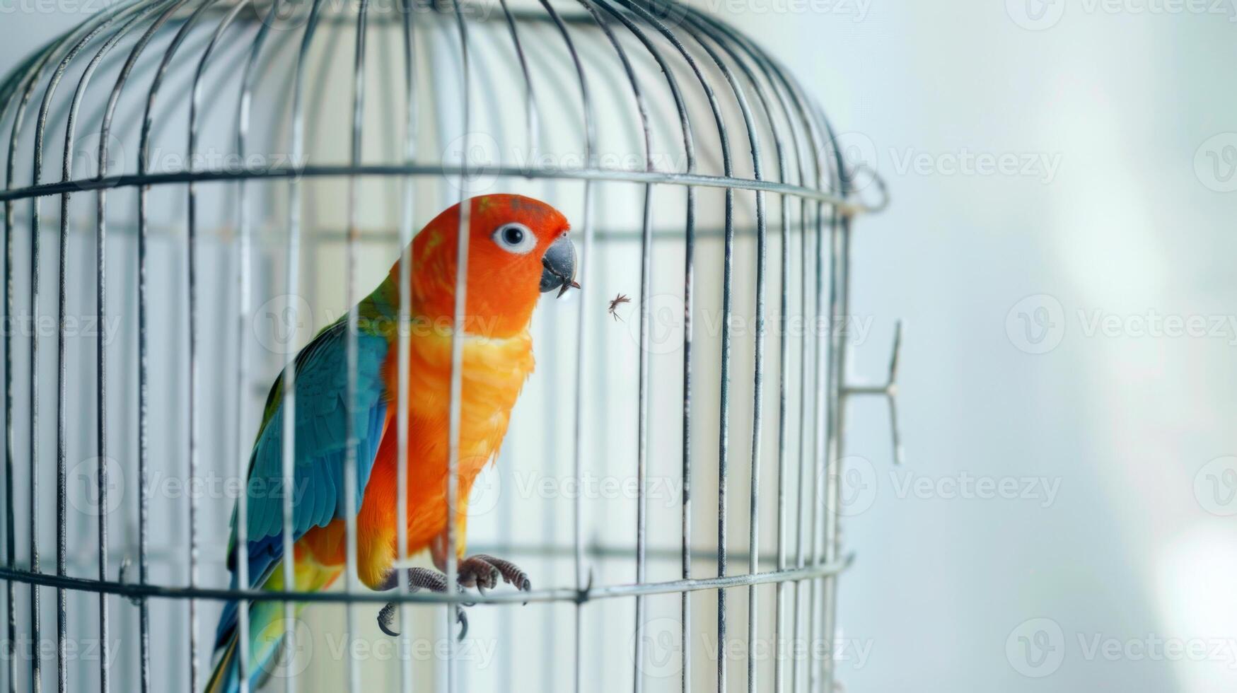 A vibrant bird with orange and blue plumage occupies a stylish unlabeled cage. The setting features soft lighting, creating a tranquil atmosphere photo