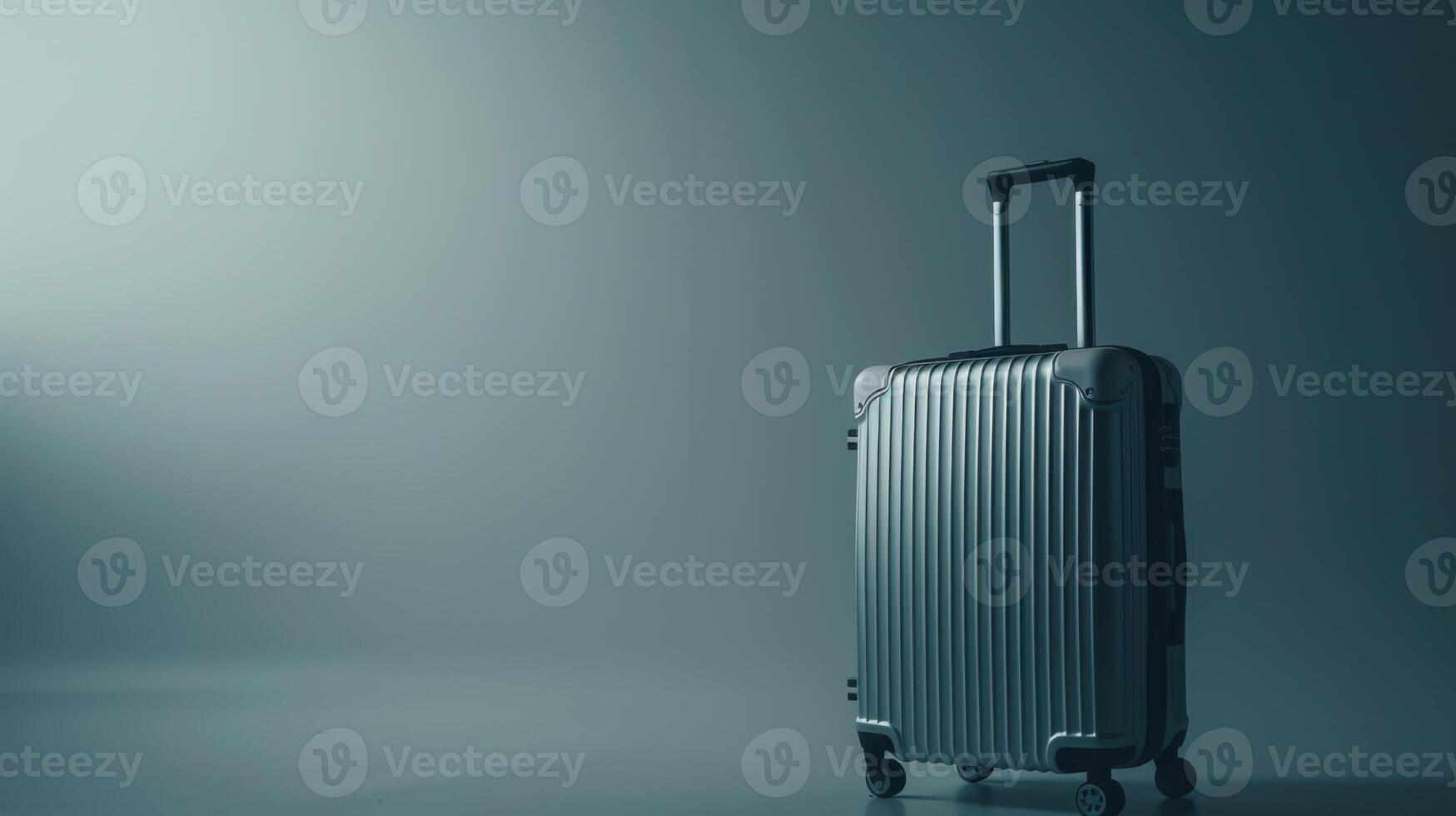 A sleek metallic suitcase is positioned in a softly lit area with a blue hue, evoking thoughts of travel and exploration. The absence of other objects emphasizes its readiness for adventure photo