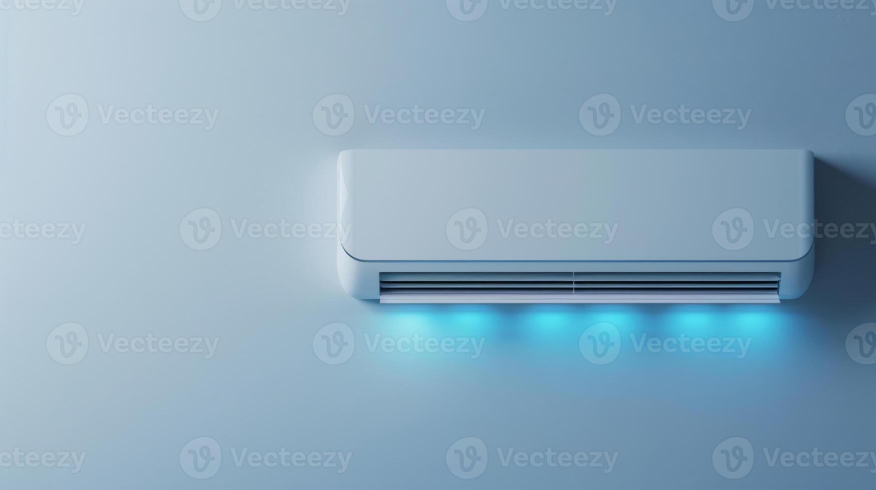 A sleek air conditioning unit is installed high on the wall, emitting a soft blue glow while cooling the room in the heat of summer photo