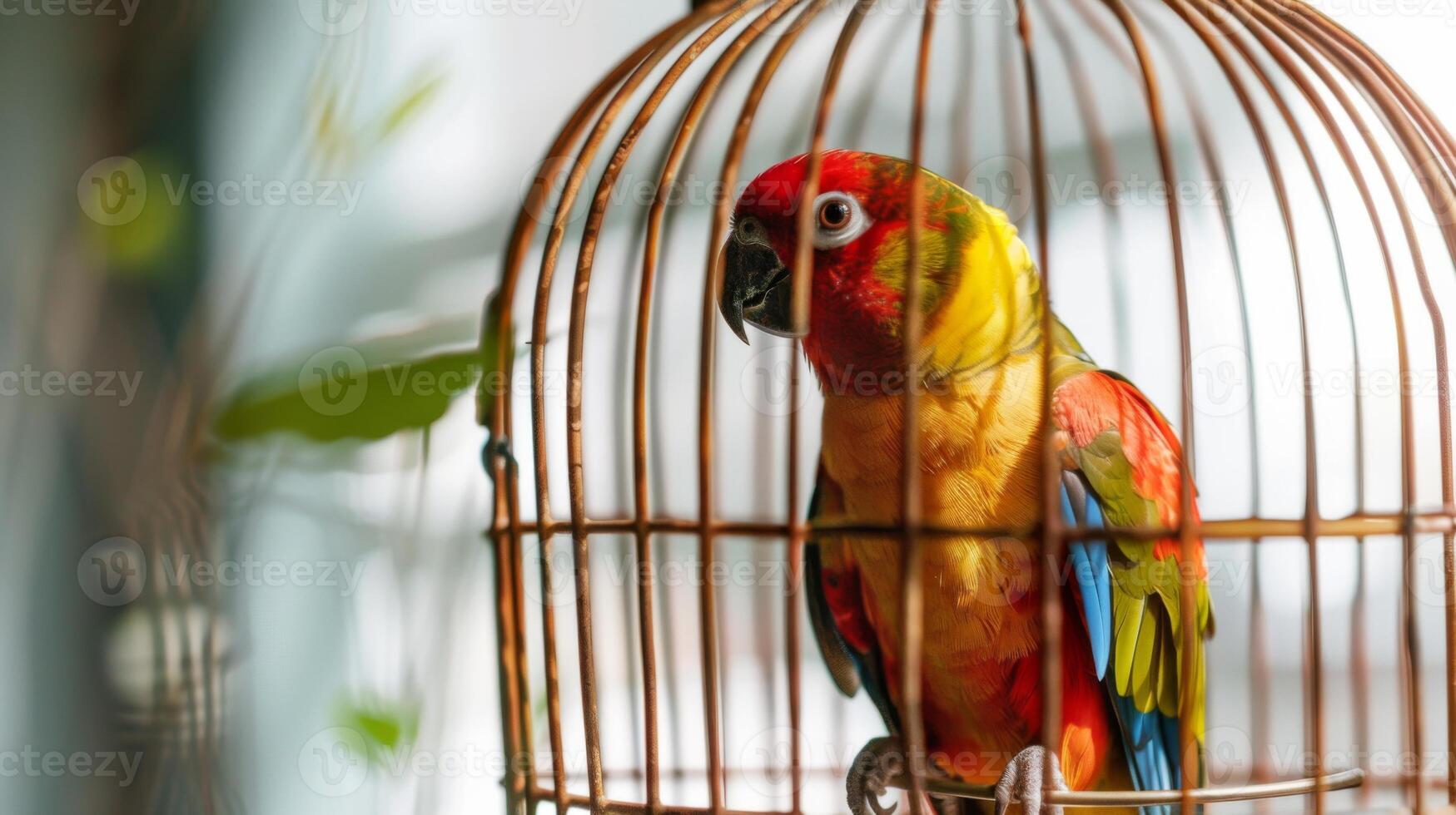 A colorful bird sits gracefully within a beautifully designed cage, highlighting its vivid plumage. The accessory adds a pleasing aesthetic to the indoor space photo