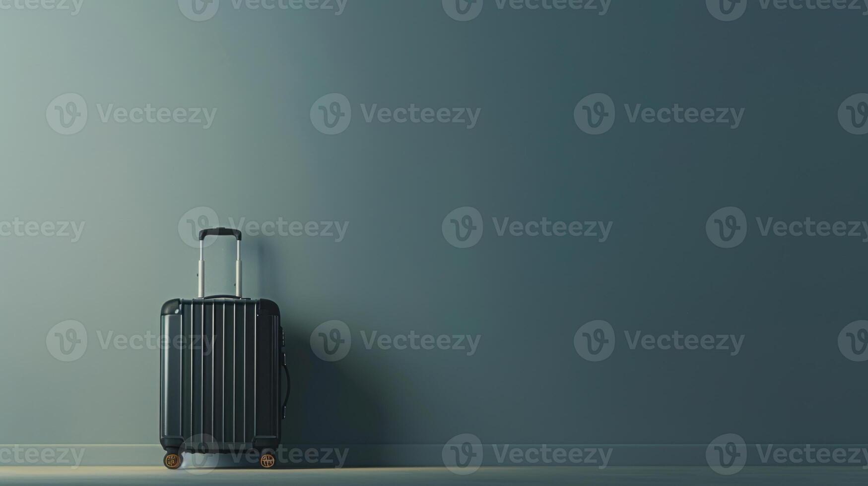 A modern black suitcase with wheels is leaning against a smooth gray wall, creating a stylish and uncluttered environment perfect for travel preparation photo