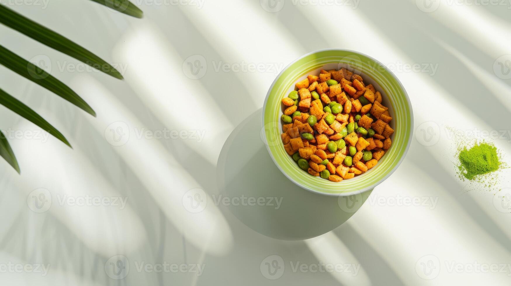 The container showcases an inviting assortment of wet cat food, filled with colorful morsels that catch the light, surrounded by soft shadows from a nearby plant photo