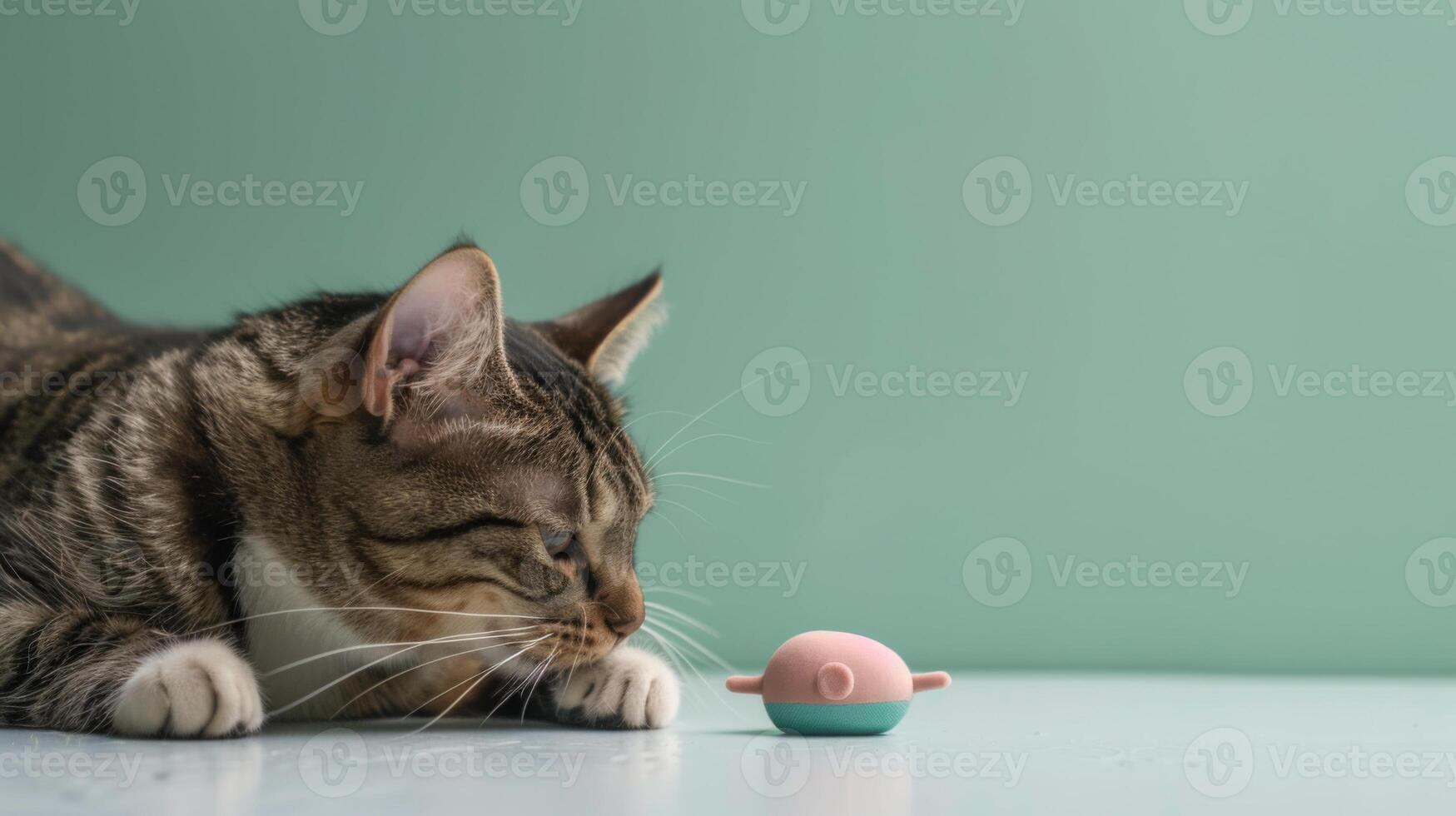 A playful cat curiously examines a mint toy resembling a mouse, showcasing its inquisitive nature against a soft green background photo