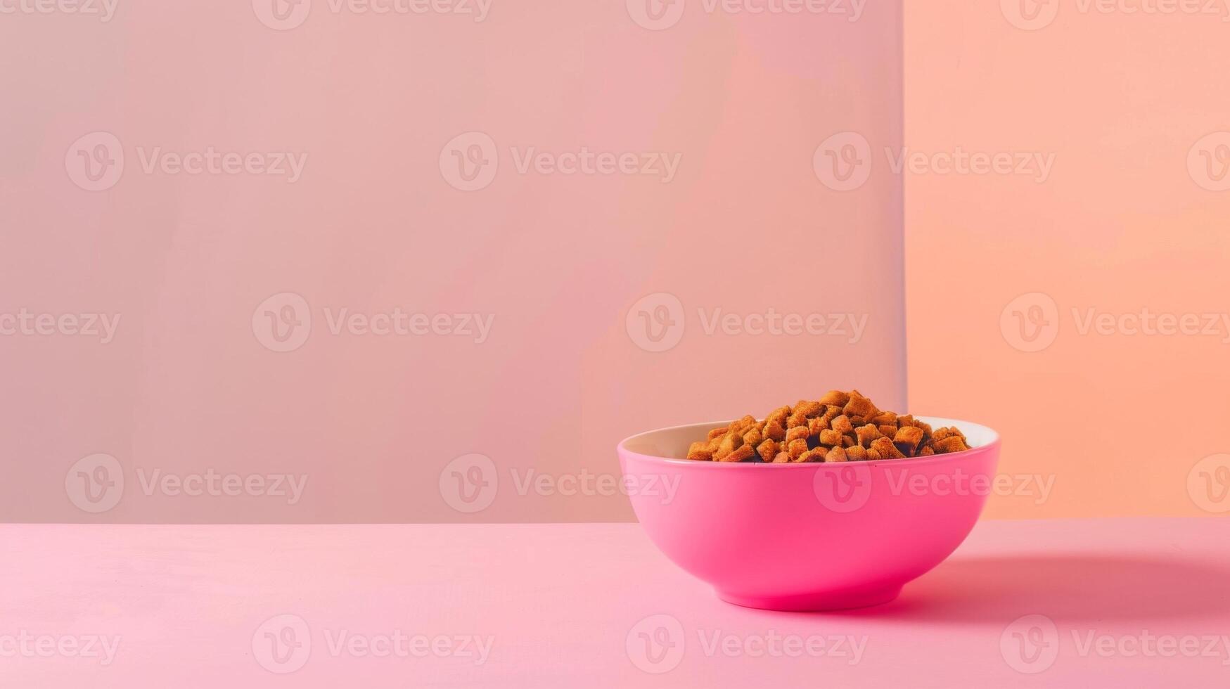 A bright pink bowl filled with cat food rests on a plain white surface, contrasted by a soft pastel background. The food is visually enticing and ready for feeding photo