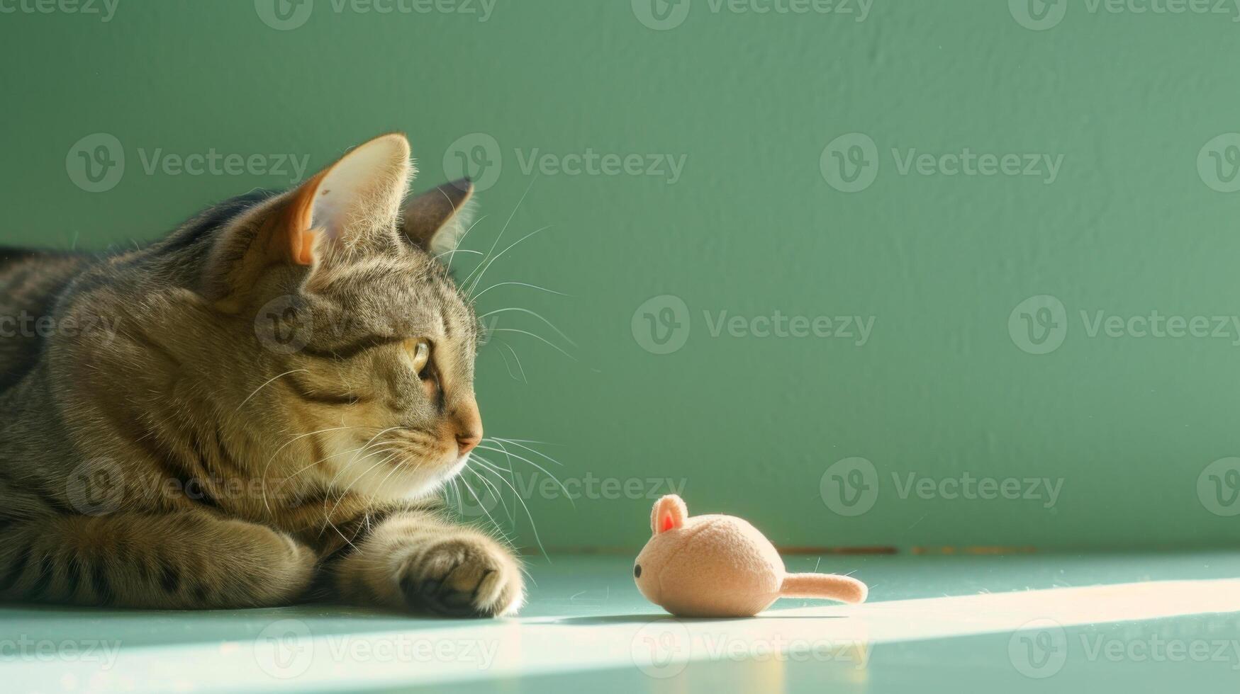A curious cat lies on a bright surface, intently watching a cute mint toy designed to resemble a mouse. Sunlight highlights their playful interaction photo
