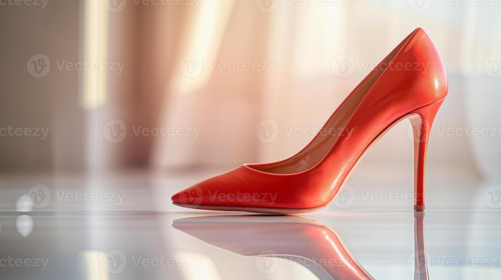 A striking red high heel elegantly rests on a smooth surface, illuminated by soft light. The vibrant color and sleek design make it perfect for parties and formal events photo
