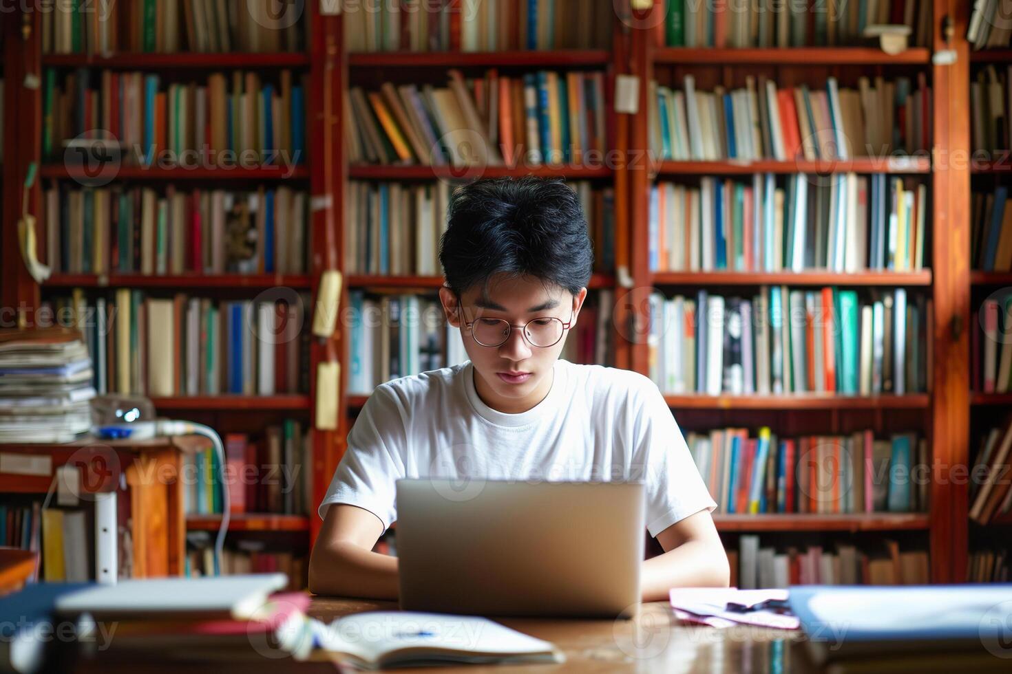 16 year old Asian student works diligently at his desk surrounded by books photo