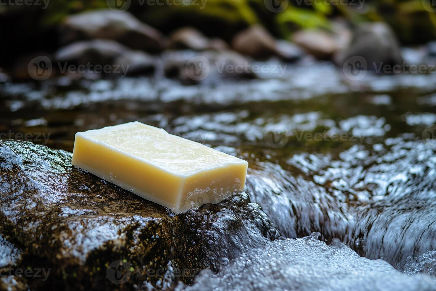 Biodegradable soap resting on a rock near a stream during a camping trip photo