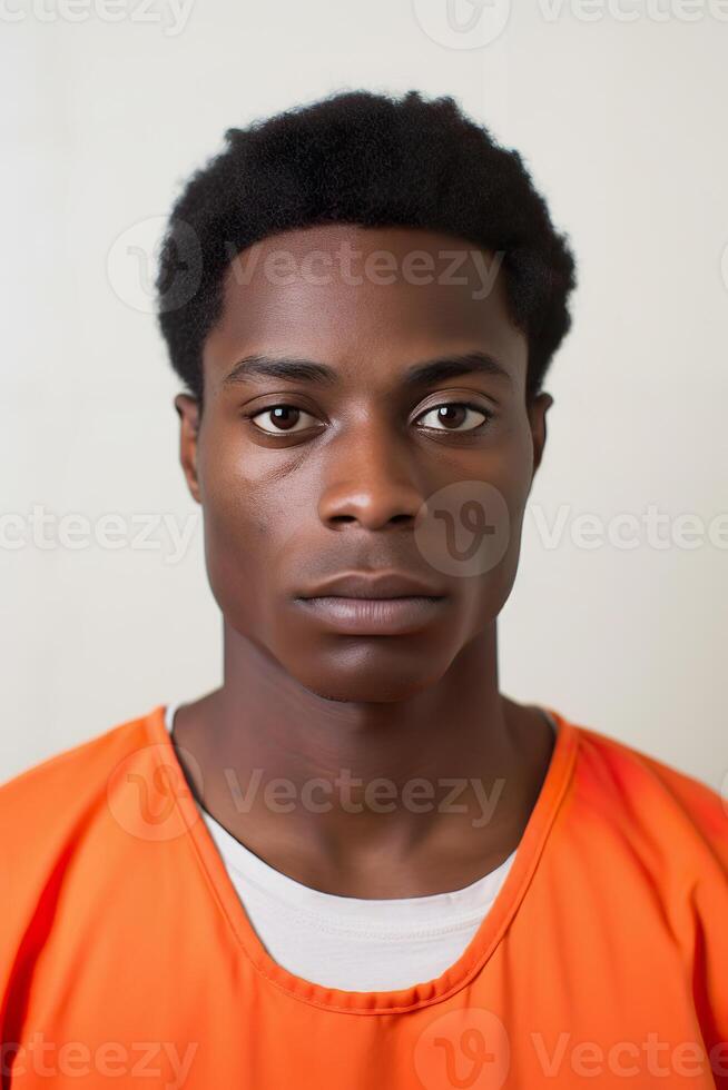 Prison mugshot photo of young African American man in orange jumpsuit