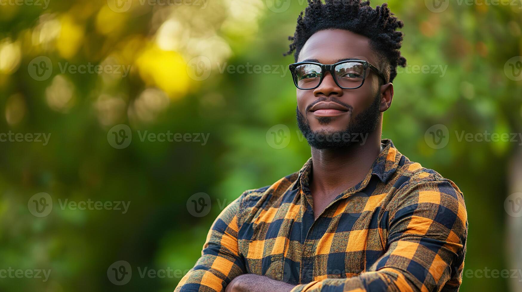 Handsome Jamaican man in a checkered shirt stands confidently outdoors surrounded by greenery photo