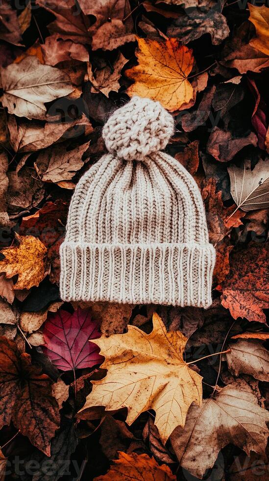 A knitted hat rests on a blanket of colorful autumn leaves, creating a cozy atmosphere photo