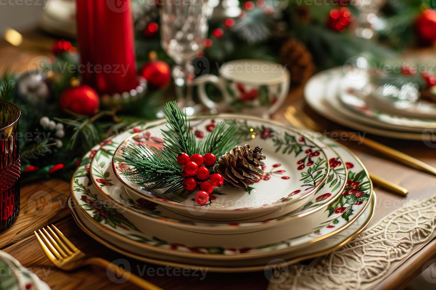 A beautifully arranged Christmas dinner table featuring decorative dishware and festive accents photo