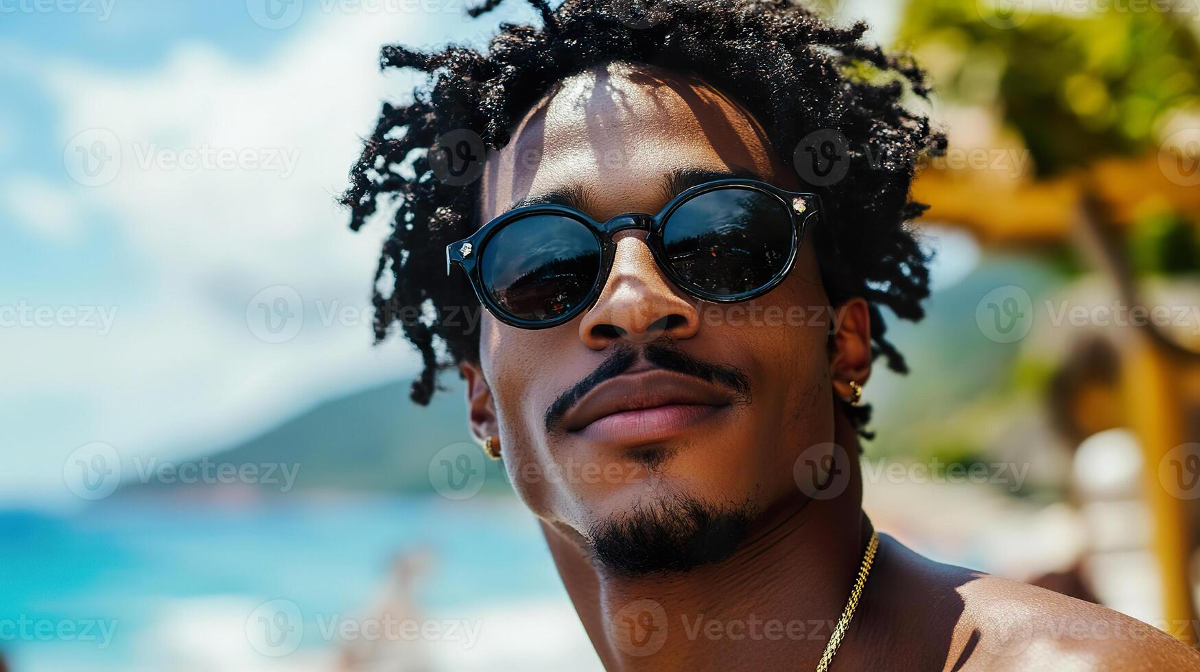 Handsome Jamaican man enjoying a sunny day outdoors by the beach photo