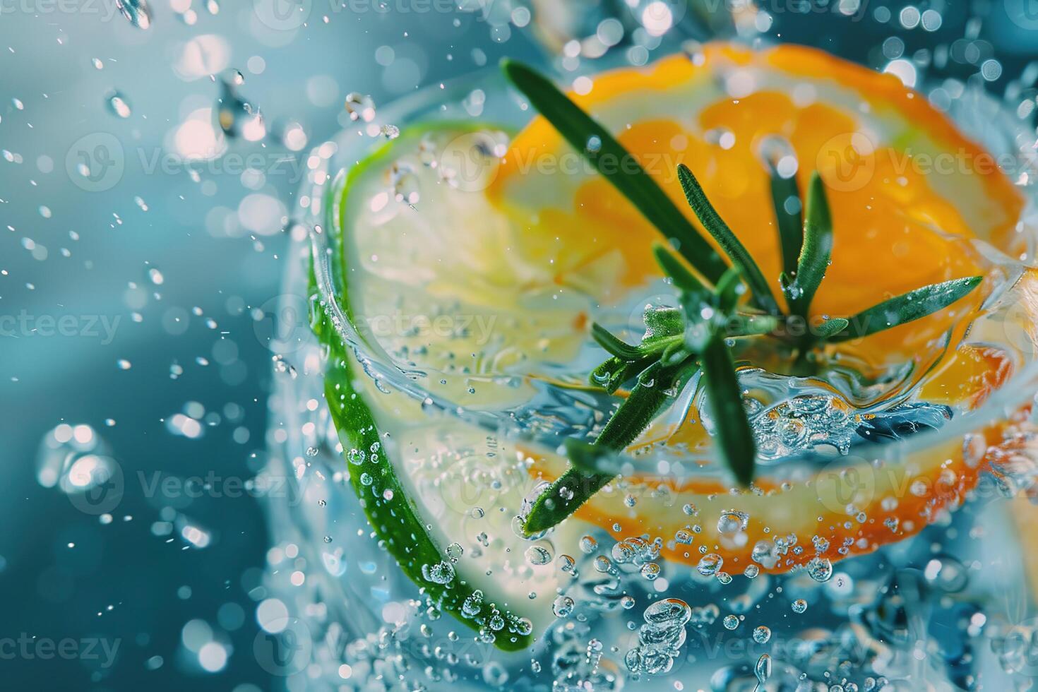 Refreshing gin and tonic cocktail with citrus and herbs splashing in clear glass. photo