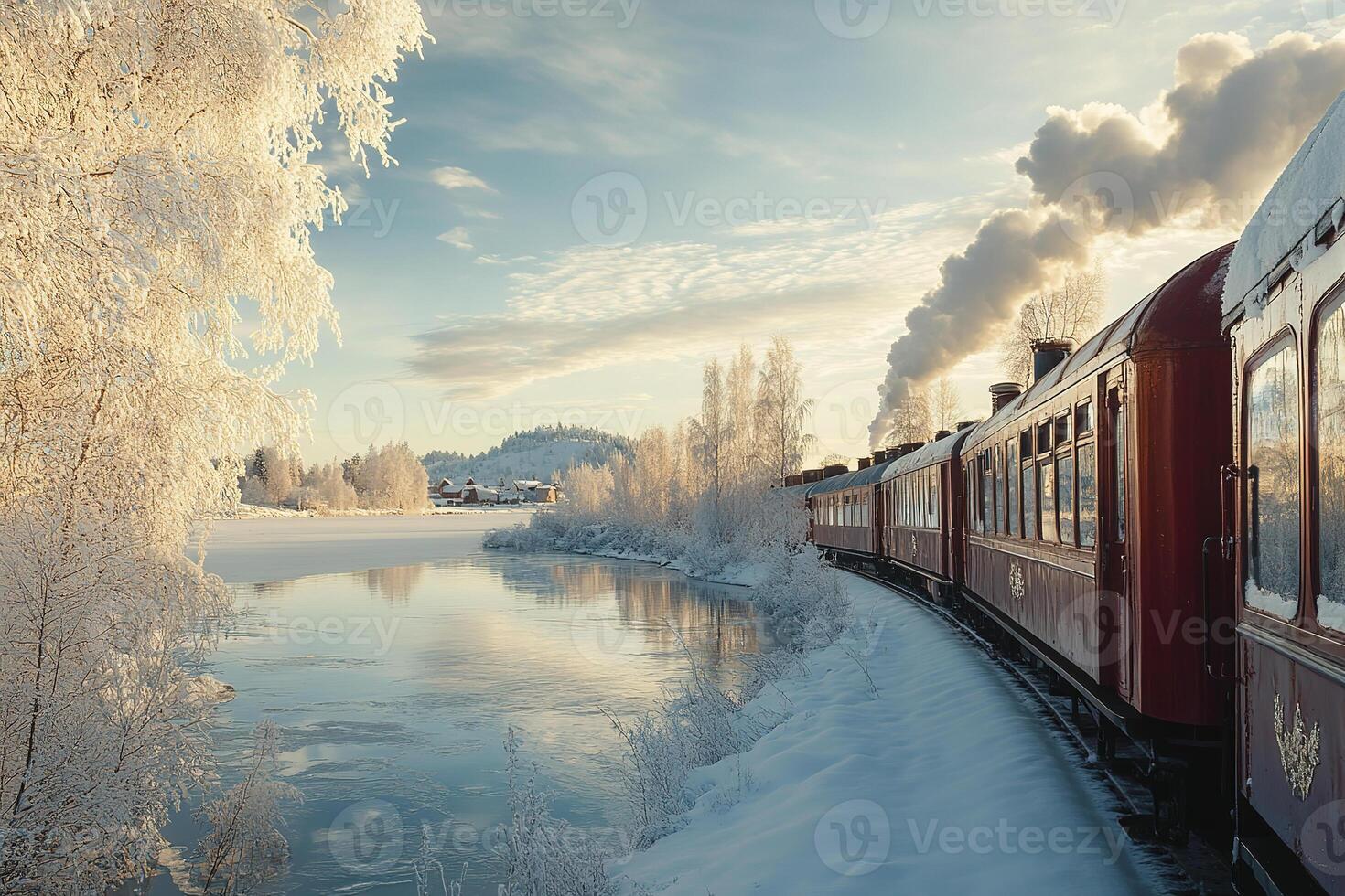Vintage train travels through snow covered countryside with panoramic winter views. photo