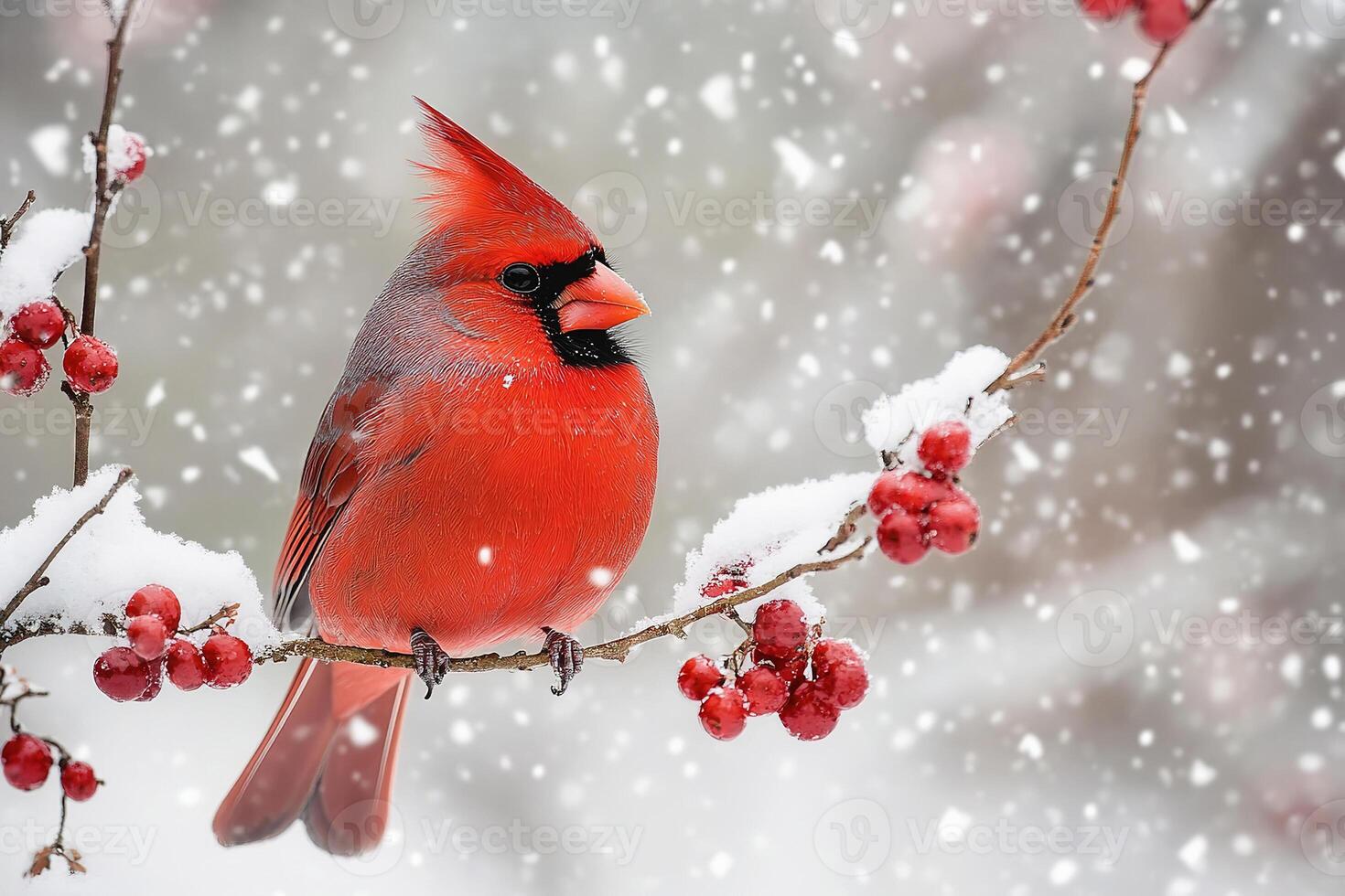 red cardinal perched on berry laden branches during a winter snowfall in its natural habitat. photo
