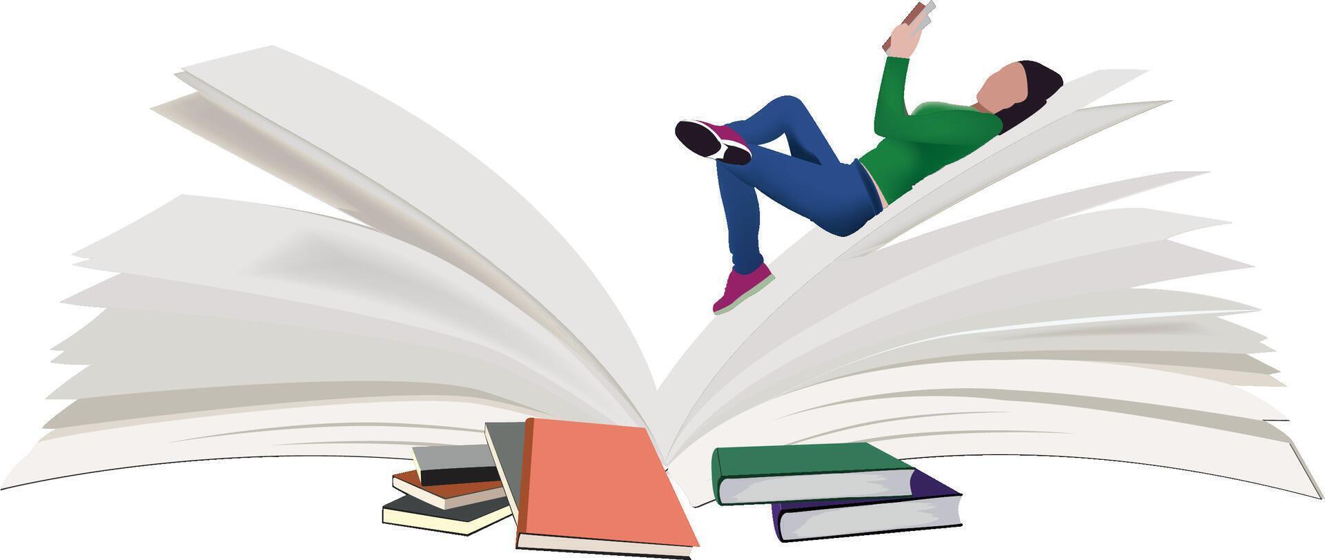 Young woman relaxing on giant open book reading a novel vector