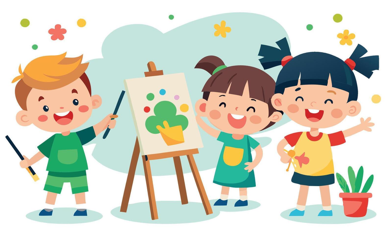Happy children painting on canvas using easel and brushes vector