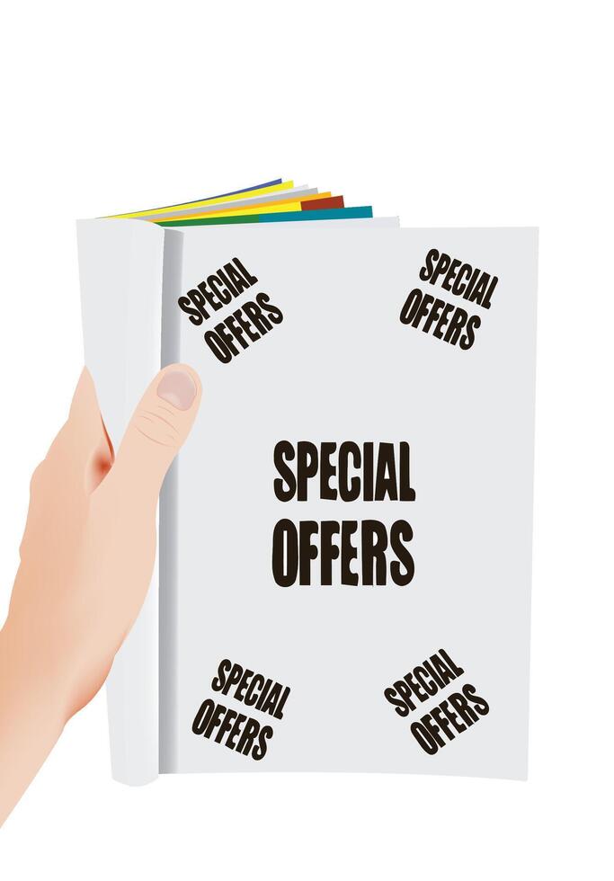 Hand holding advertising flyer with special offers vector