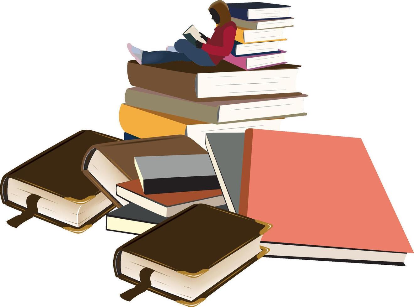 Student relaxing on large pile of books reading textbook vector