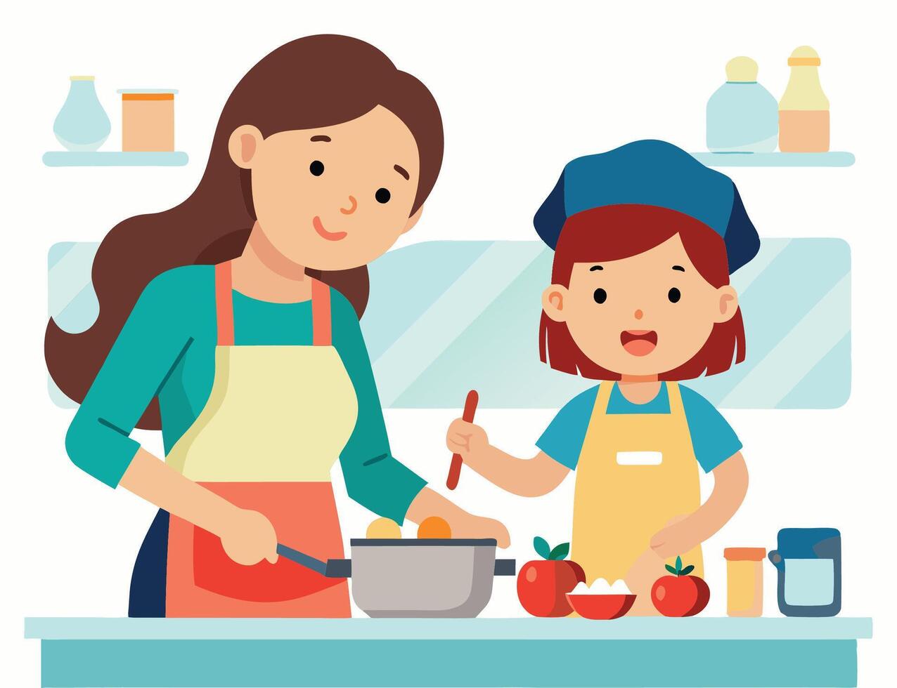 Mother and daughter cooking together in kitchen vector