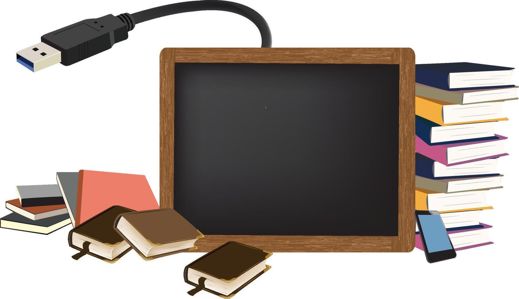 Blackboard, books, smartphone and usb drive connecting to online education vector