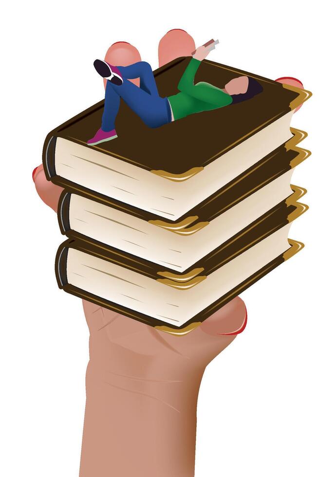 Woman relaxing on stack of books held in giant hand vector