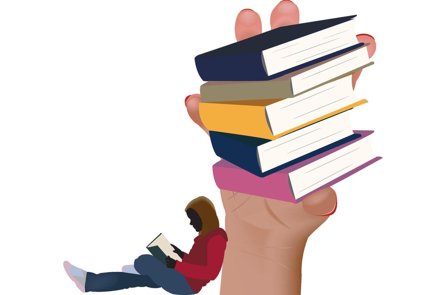 Student reading with giant hand holding stack of books vector