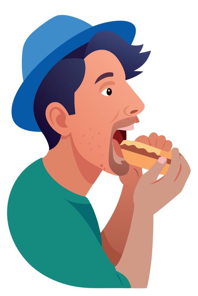 Young man is enjoying eating a hot dog vector