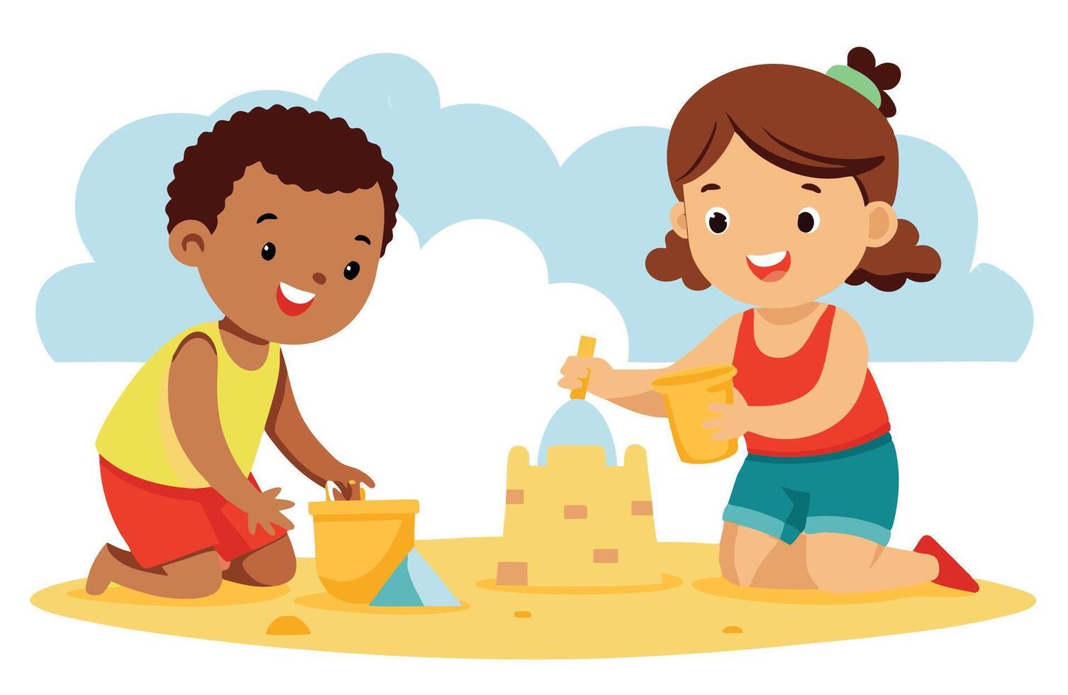 Happy kids building a sandcastle on the beach vector