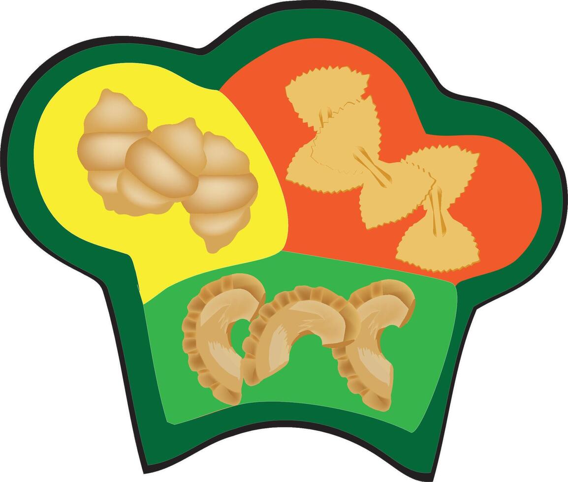 Chef hat presenting different types of italian pasta shapes vector