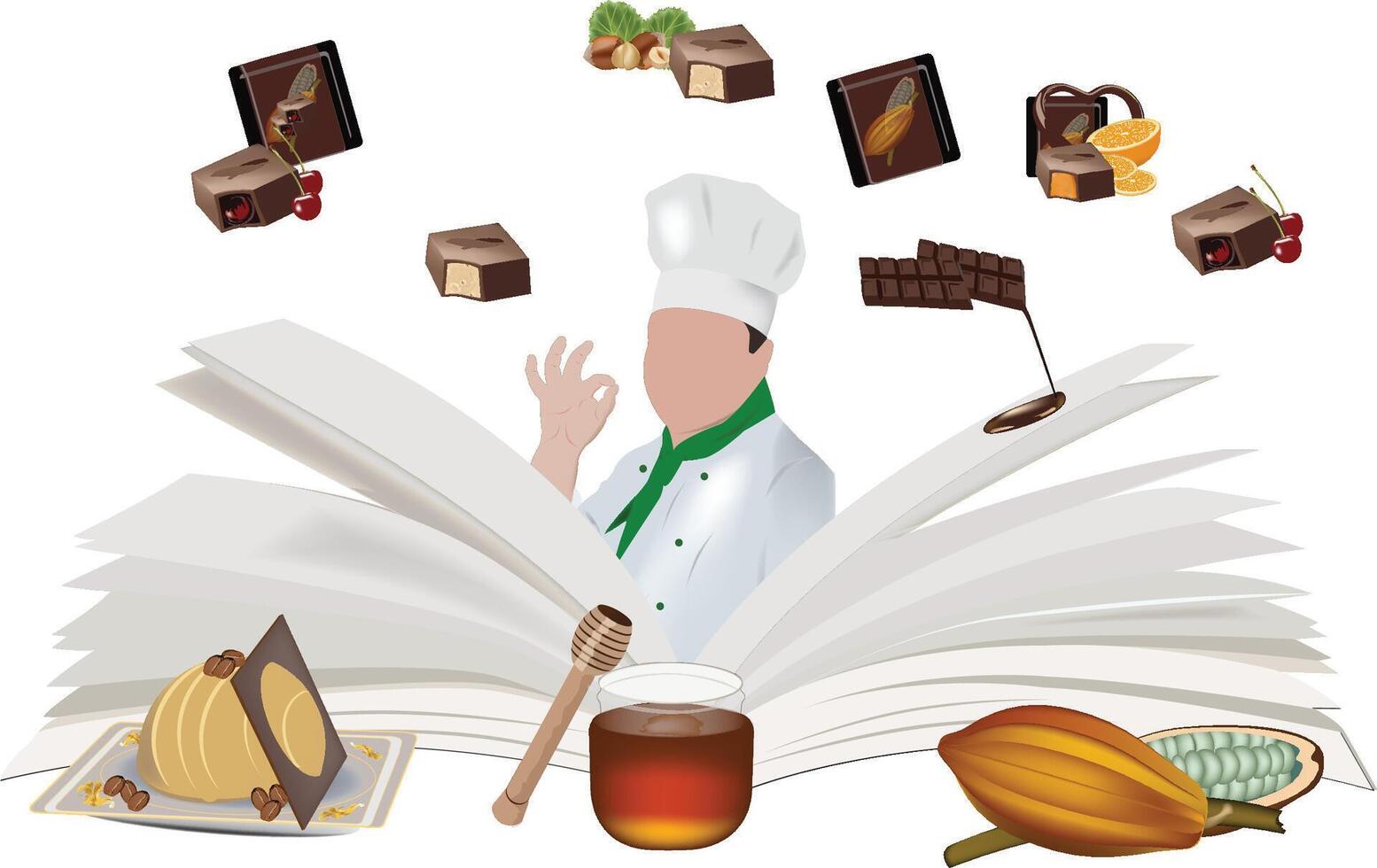 Pastry chef recommending chocolate recipes from a cookbook vector