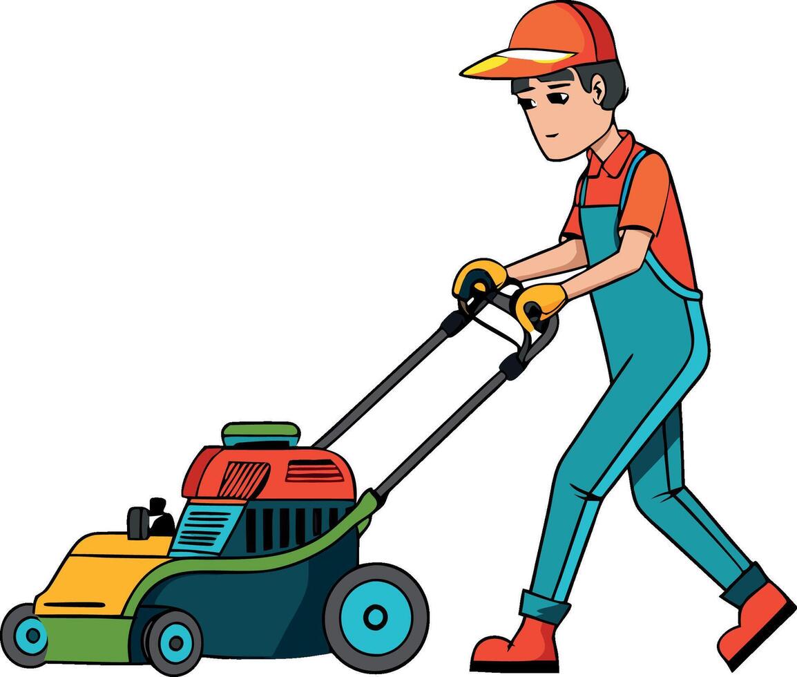 Gardener mowing lawn with grass cutter in summer vector