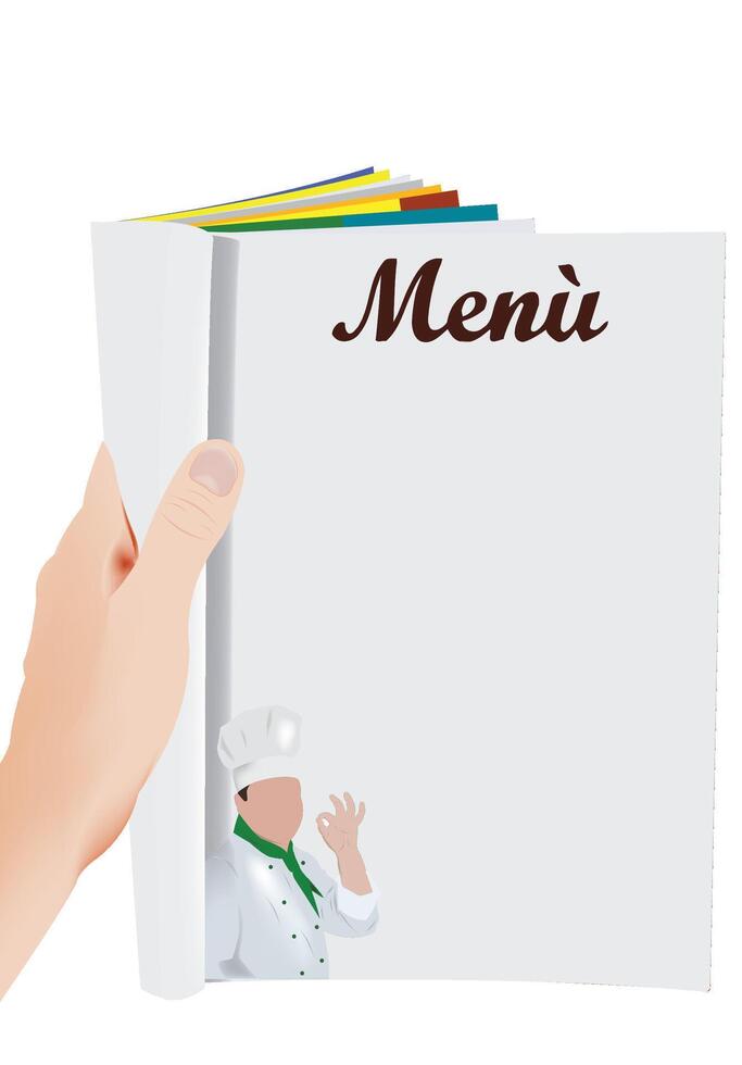 Hand opening menu with chef giving ok sign inside vector
