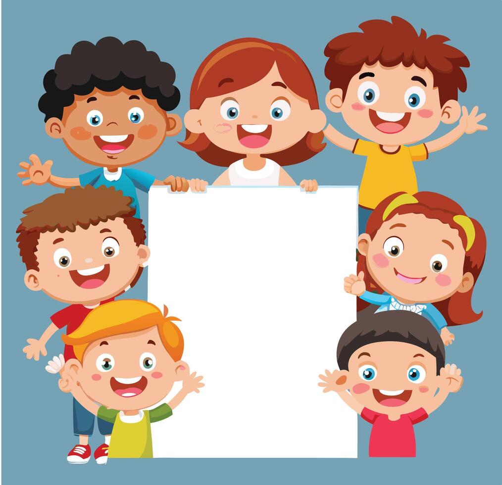 Group of happy children holding a blank whiteboard vector