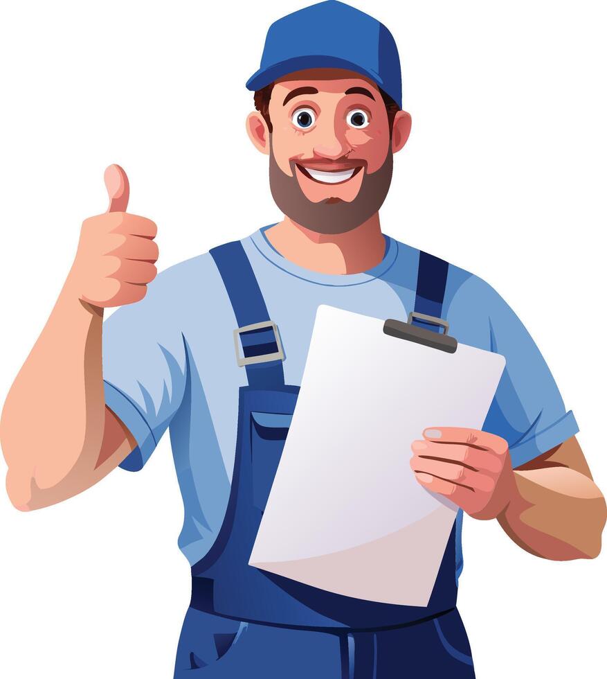 Handyman smiling and holding a clipboard showing thumbs up vector