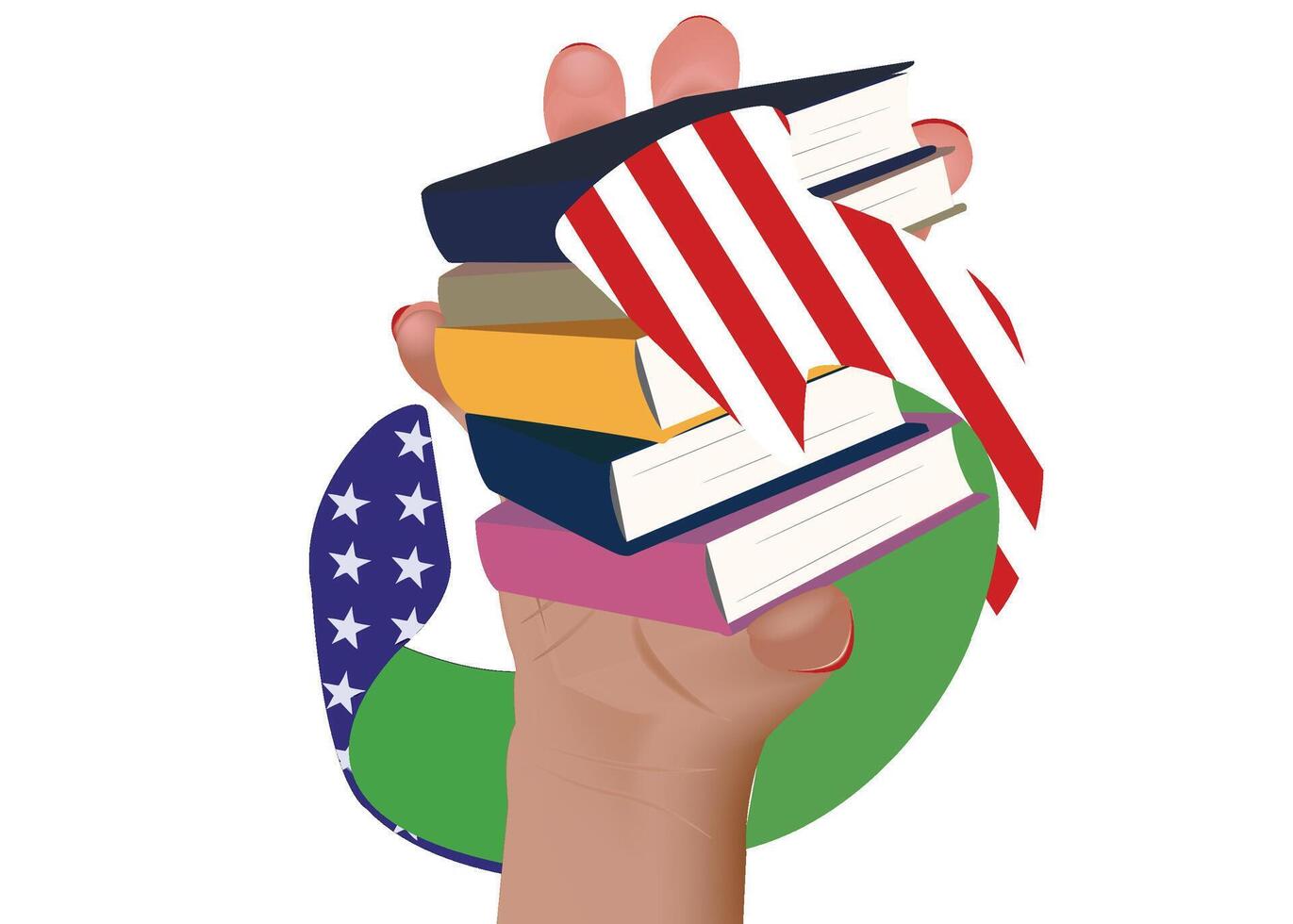Hand holding stack of books with american flag design vector