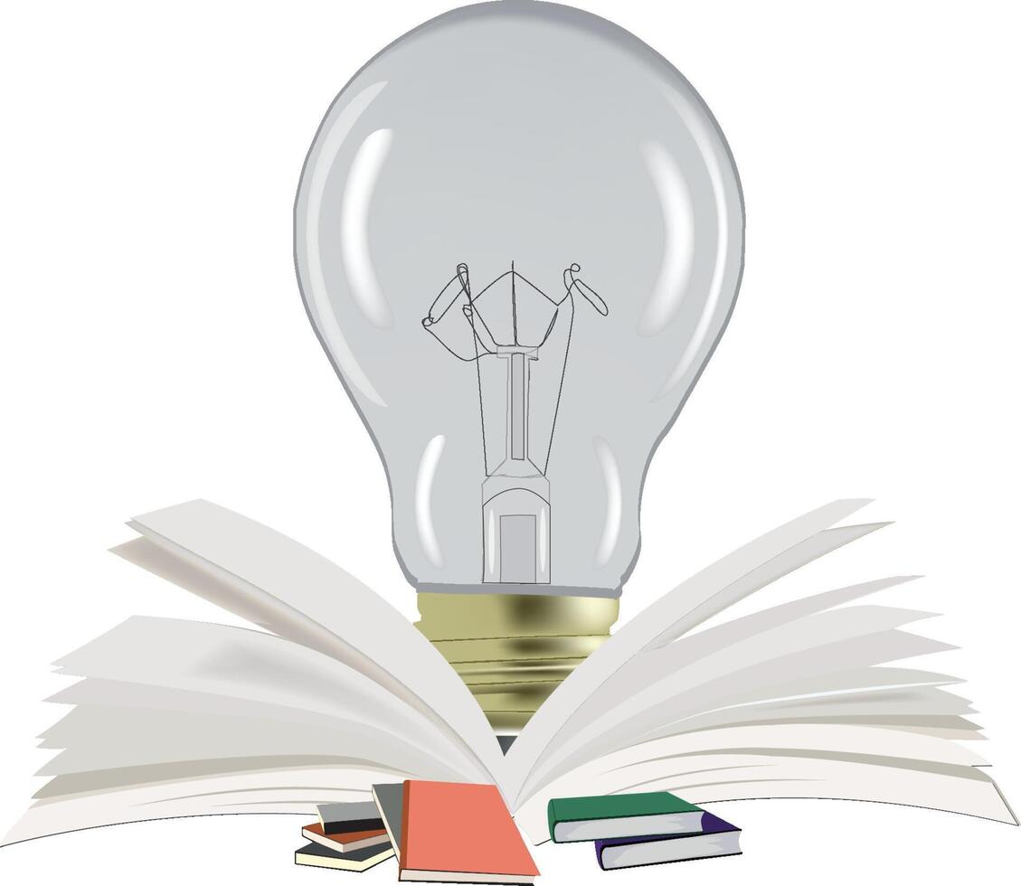 Open book illuminating light bulb representing education and knowledge vector