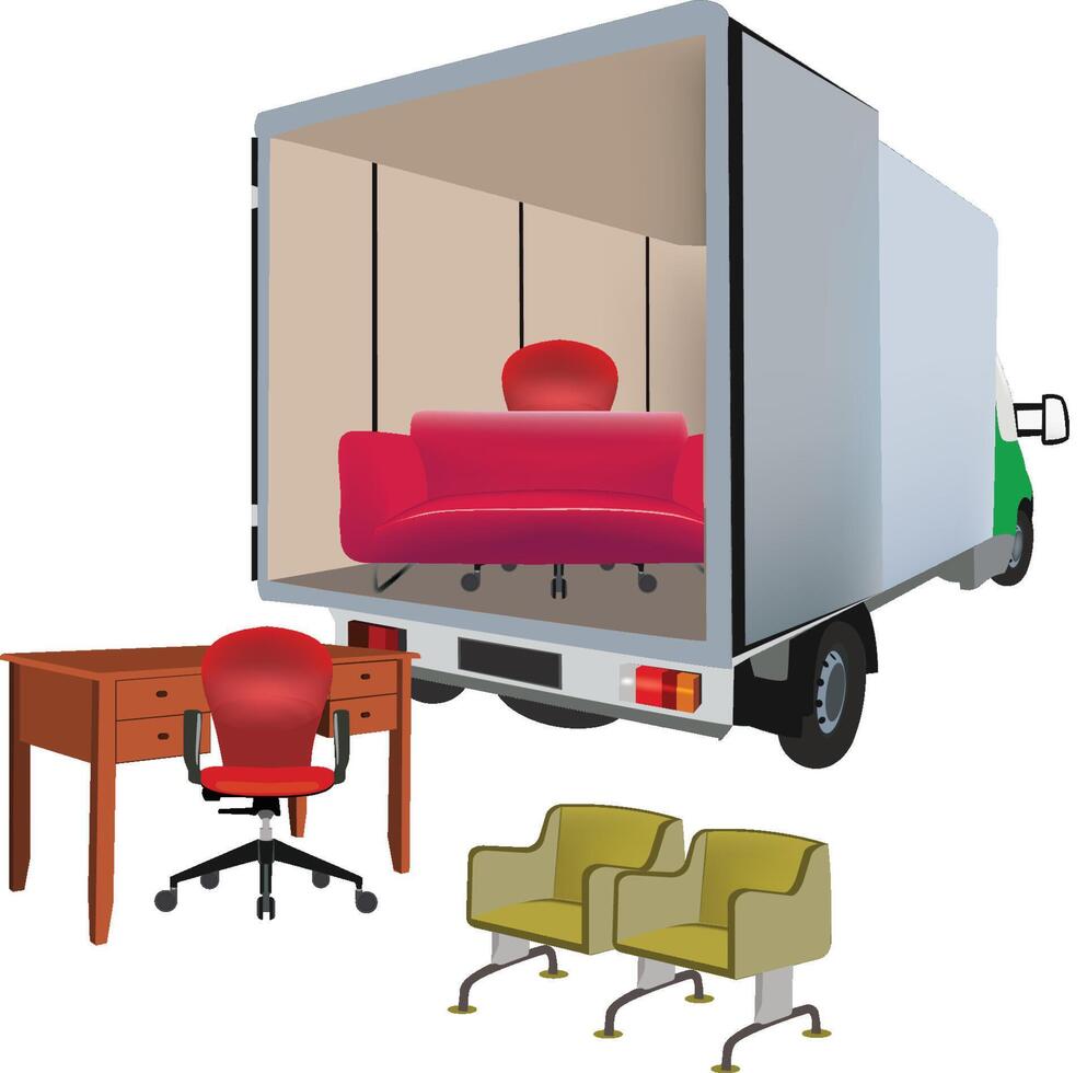 Delivery truck unloading furniture for a new office vector