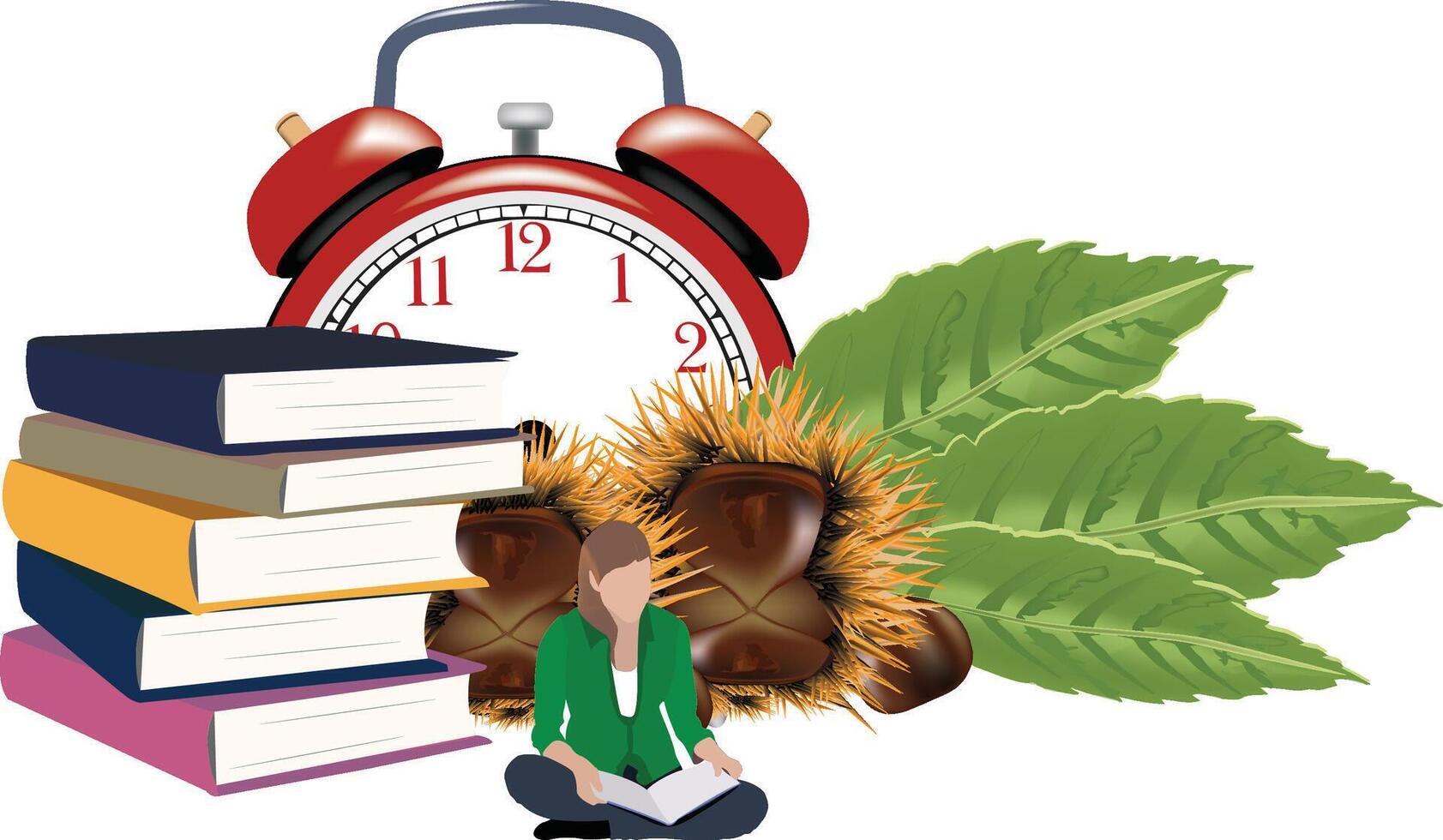 Young woman studying for the autumn exams surrounded by chestnuts and alarm clock vector