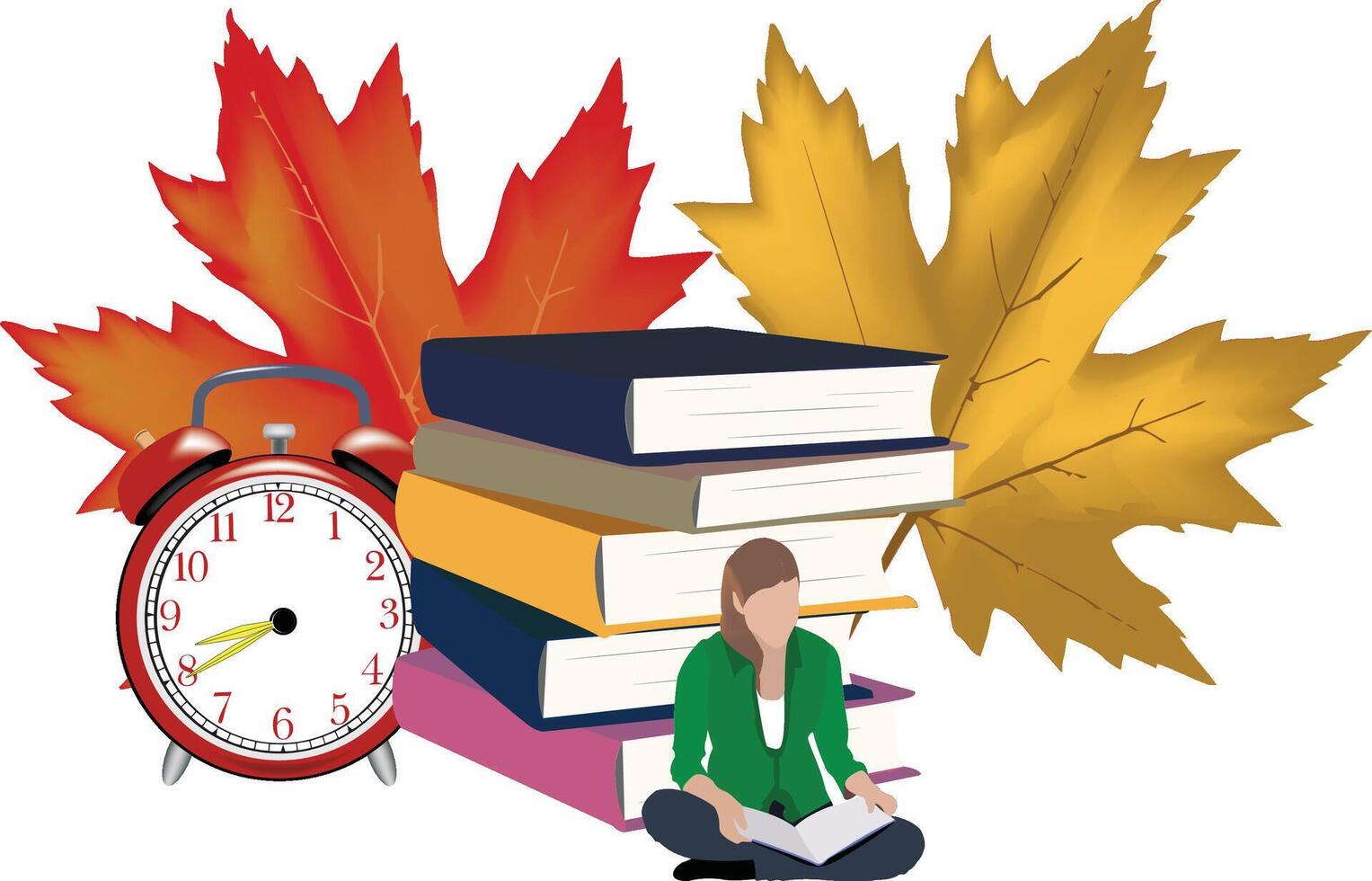 Young woman reading a book surrounded by autumn leaves and books with alarm clock vector