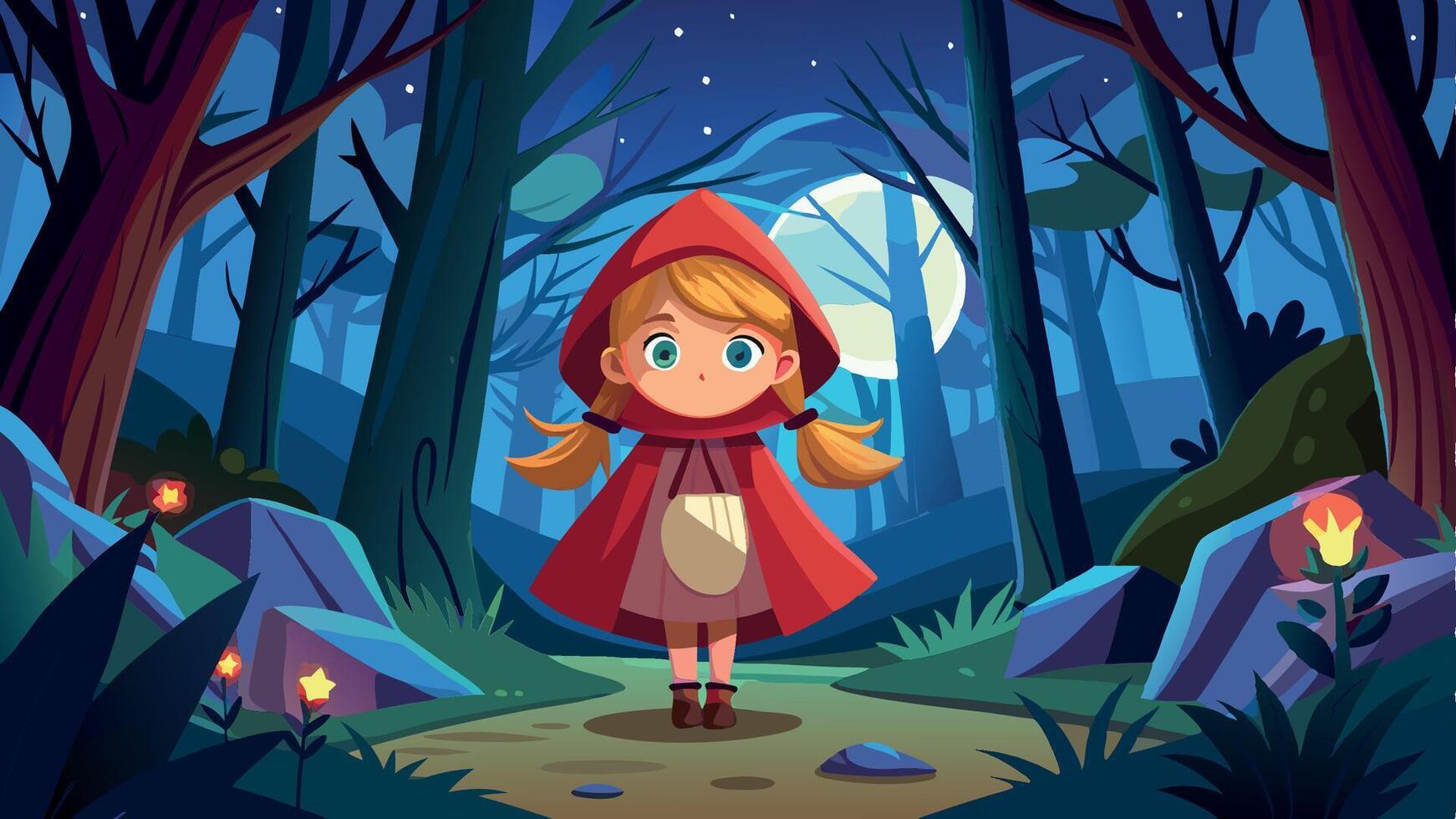 Little red riding hood standing on path through dark forest at night illustration vector